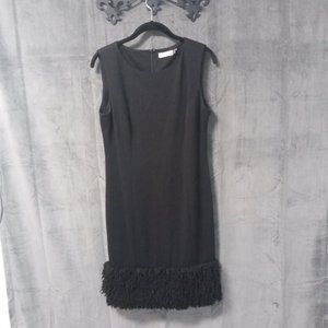 Calvin Klein Black Sheath Dress with Faux Fur Wooly Trim - Size 10